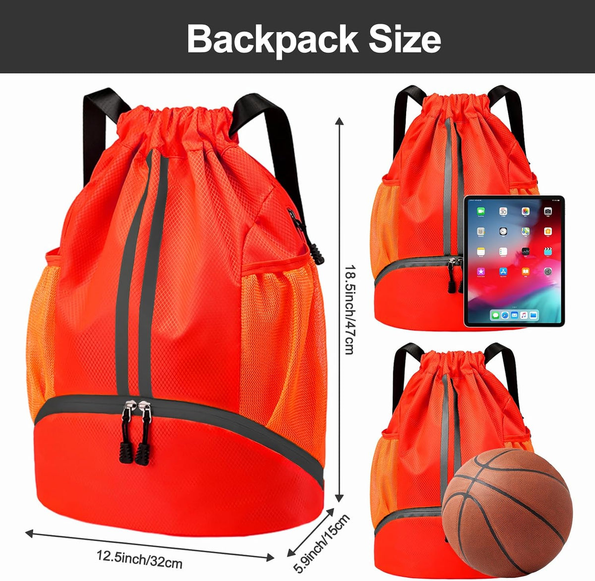 Sports Drawstring Backpack - String Swim Gym Bag with Shoes Compartment and Wet Proof Pocket for Women and Men