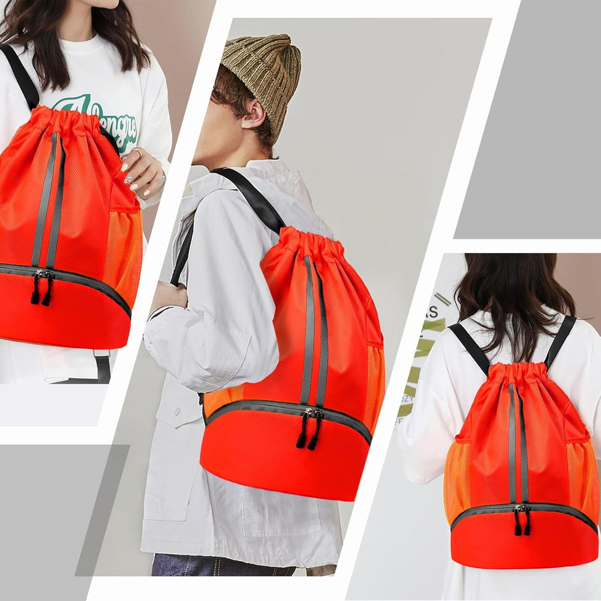 Sports Drawstring Backpack - String Swim Gym Bag with Shoes Compartment and Wet Proof Pocket for Women and Men