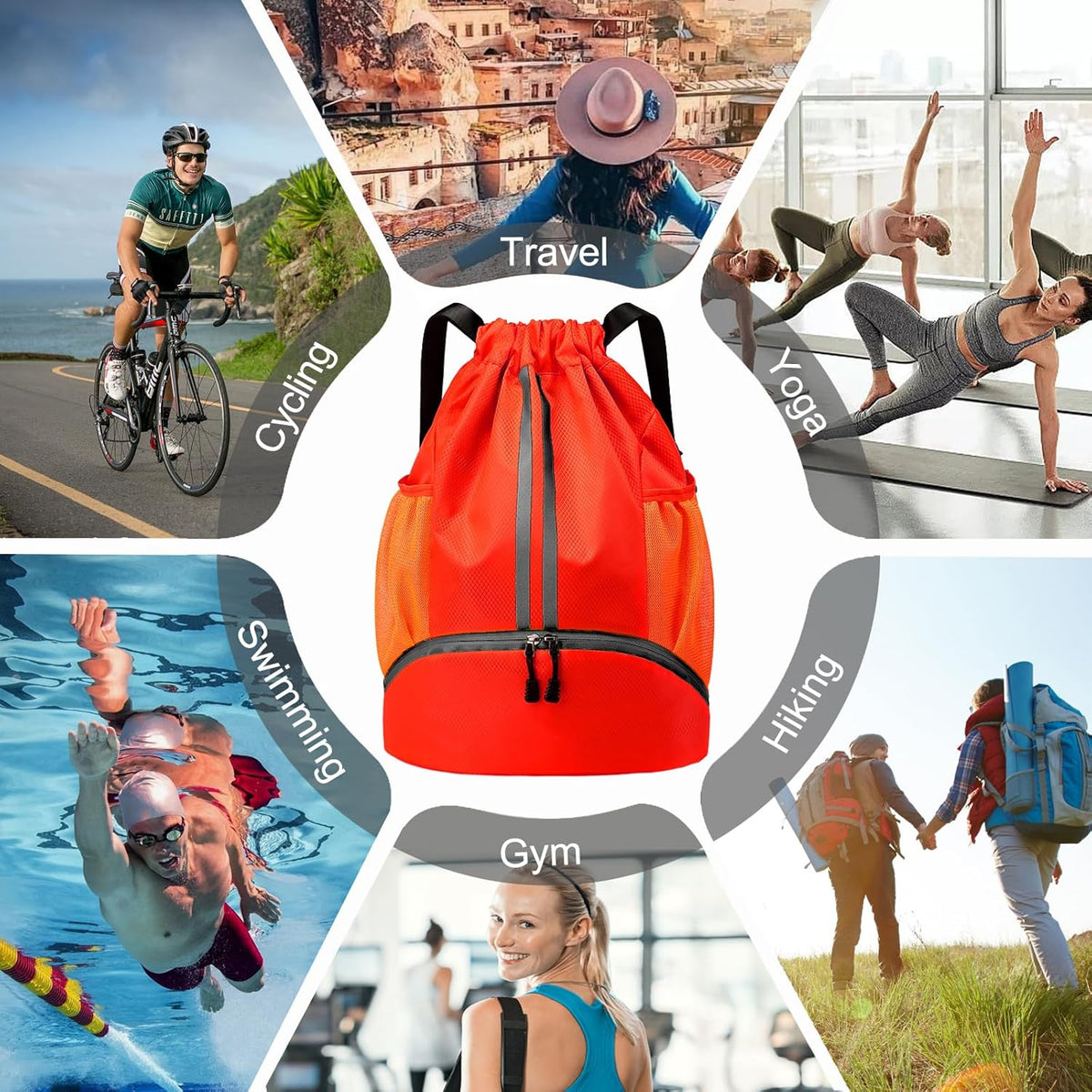 Sports Drawstring Backpack - String Swim Gym Bag with Shoes Compartment and Wet Proof Pocket for Women and Men
