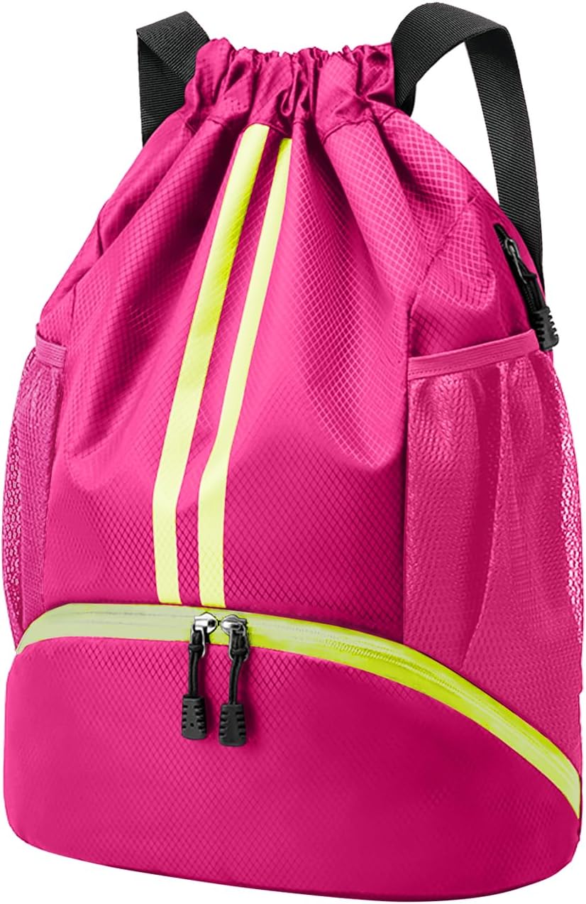 Sports Drawstring Backpack - String Swim Gym Bag with Shoes Compartment and Wet Proof Pocket for Women and Men
