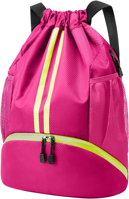 Sports Drawstring Backpack - String Swim Gym Bag with Shoes Compartment and Wet Proof Pocket for Women and Men