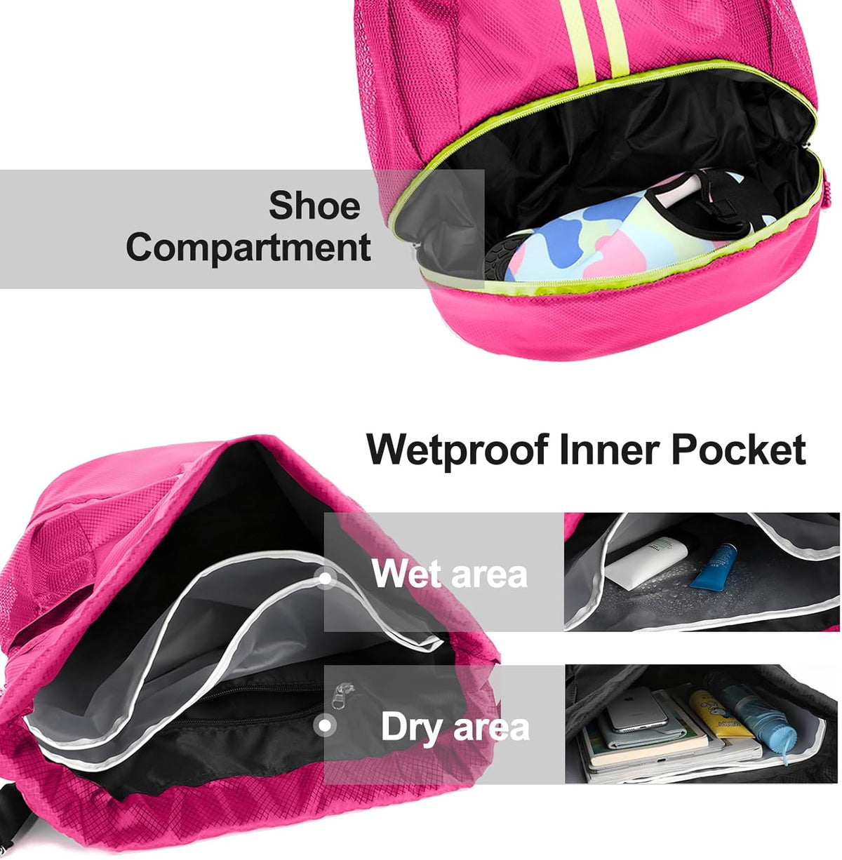 Sports Drawstring Backpack - String Swim Gym Bag with Shoes Compartment and Wet Proof Pocket for Women and Men