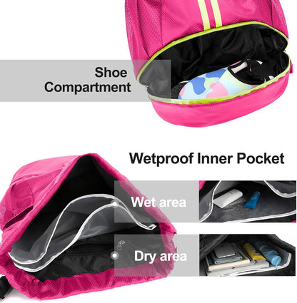 Sports Drawstring Backpack - String Swim Gym Bag with Shoes Compartment and Wet Proof Pocket for Women and Men