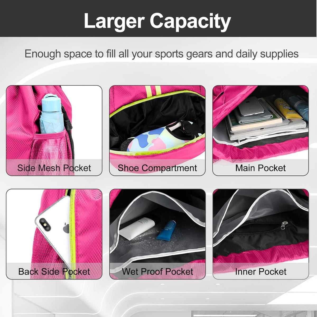 Sports Drawstring Backpack - String Swim Gym Bag with Shoes Compartment and Wet Proof Pocket for Women and Men