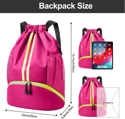 Sports Drawstring Backpack - String Swim Gym Bag with Shoes Compartment and Wet Proof Pocket for Women and Men