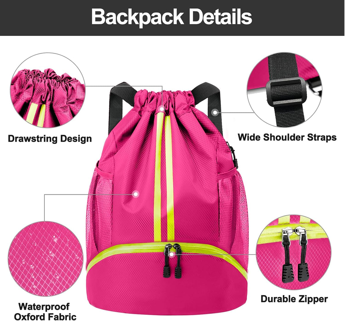 Sports Drawstring Backpack - String Swim Gym Bag with Shoes Compartment and Wet Proof Pocket for Women and Men