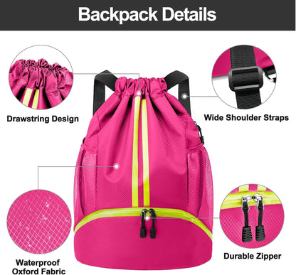 Sports Drawstring Backpack - String Swim Gym Bag with Shoes Compartment and Wet Proof Pocket for Women and Men