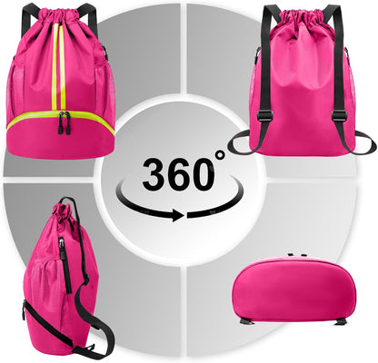 Sports Drawstring Backpack - String Swim Gym Bag with Shoes Compartment and Wet Proof Pocket for Women and Men