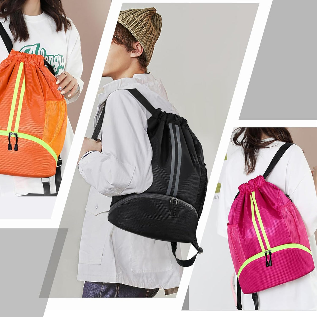 Sports Drawstring Backpack - String Swim Gym Bag with Shoes Compartment and Wet Proof Pocket for Women and Men