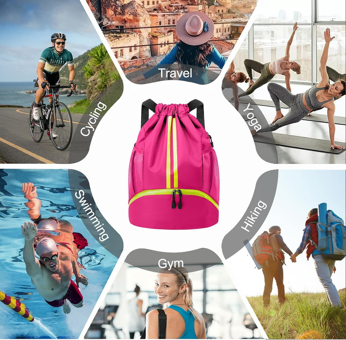 Sports Drawstring Backpack - String Swim Gym Bag with Shoes Compartment and Wet Proof Pocket for Women and Men