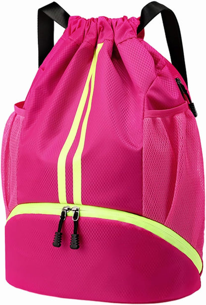 Sports Drawstring Backpack - String Swim Gym Bag with Shoes Compartment and Wet Proof Pocket for Women and Men