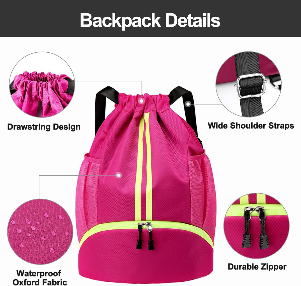 Sports Drawstring Backpack - String Swim Gym Bag with Shoes Compartment and Wet Proof Pocket for Women and Men