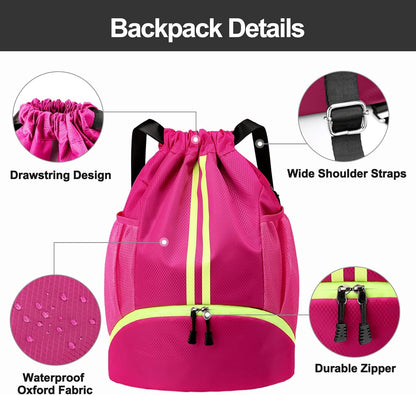 Sports Drawstring Backpack - String Swim Gym Bag with Shoes Compartment and Wet Proof Pocket for Women and Men