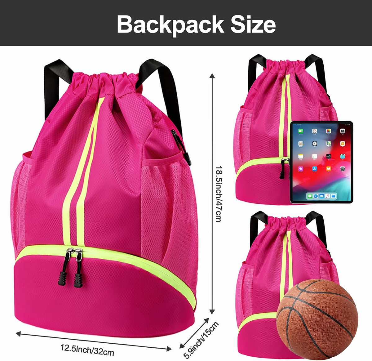 Sports Drawstring Backpack - String Swim Gym Bag with Shoes Compartment and Wet Proof Pocket for Women and Men