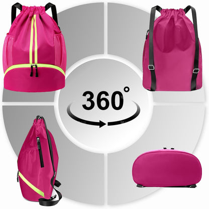 Sports Drawstring Backpack - String Swim Gym Bag with Shoes Compartment and Wet Proof Pocket for Women and Men