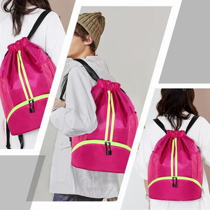 Sports Drawstring Backpack - String Swim Gym Bag with Shoes Compartment and Wet Proof Pocket for Women and Men