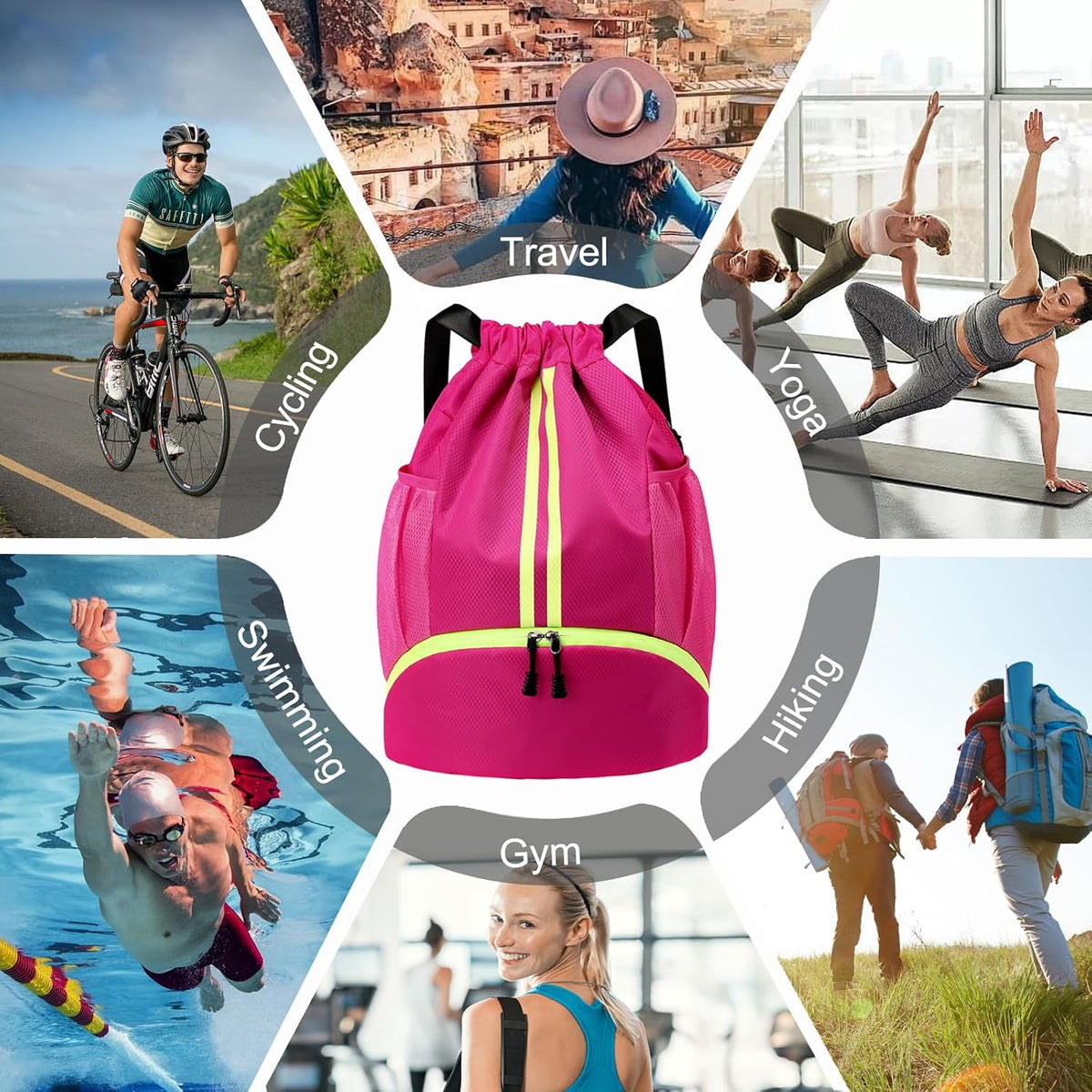Sports Drawstring Backpack - String Swim Gym Bag with Shoes Compartment and Wet Proof Pocket for Women and Men