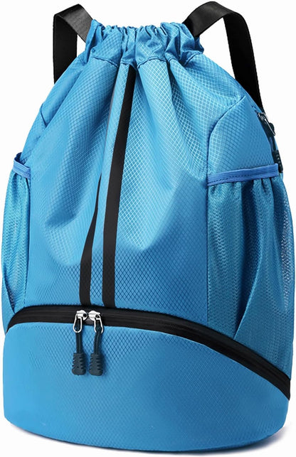 Sports Drawstring Backpack - String Swim Gym Bag with Shoes Compartment and Wet Proof Pocket for Women and Men