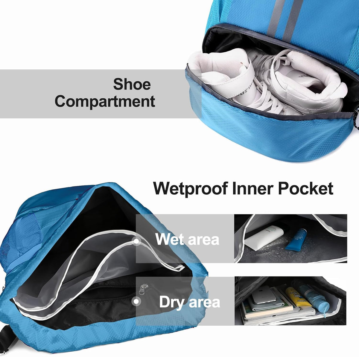 Sports Drawstring Backpack - String Swim Gym Bag with Shoes Compartment and Wet Proof Pocket for Women and Men