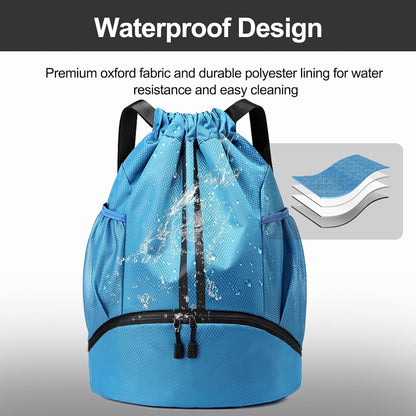 Sports Drawstring Backpack - String Swim Gym Bag with Shoes Compartment and Wet Proof Pocket for Women and Men