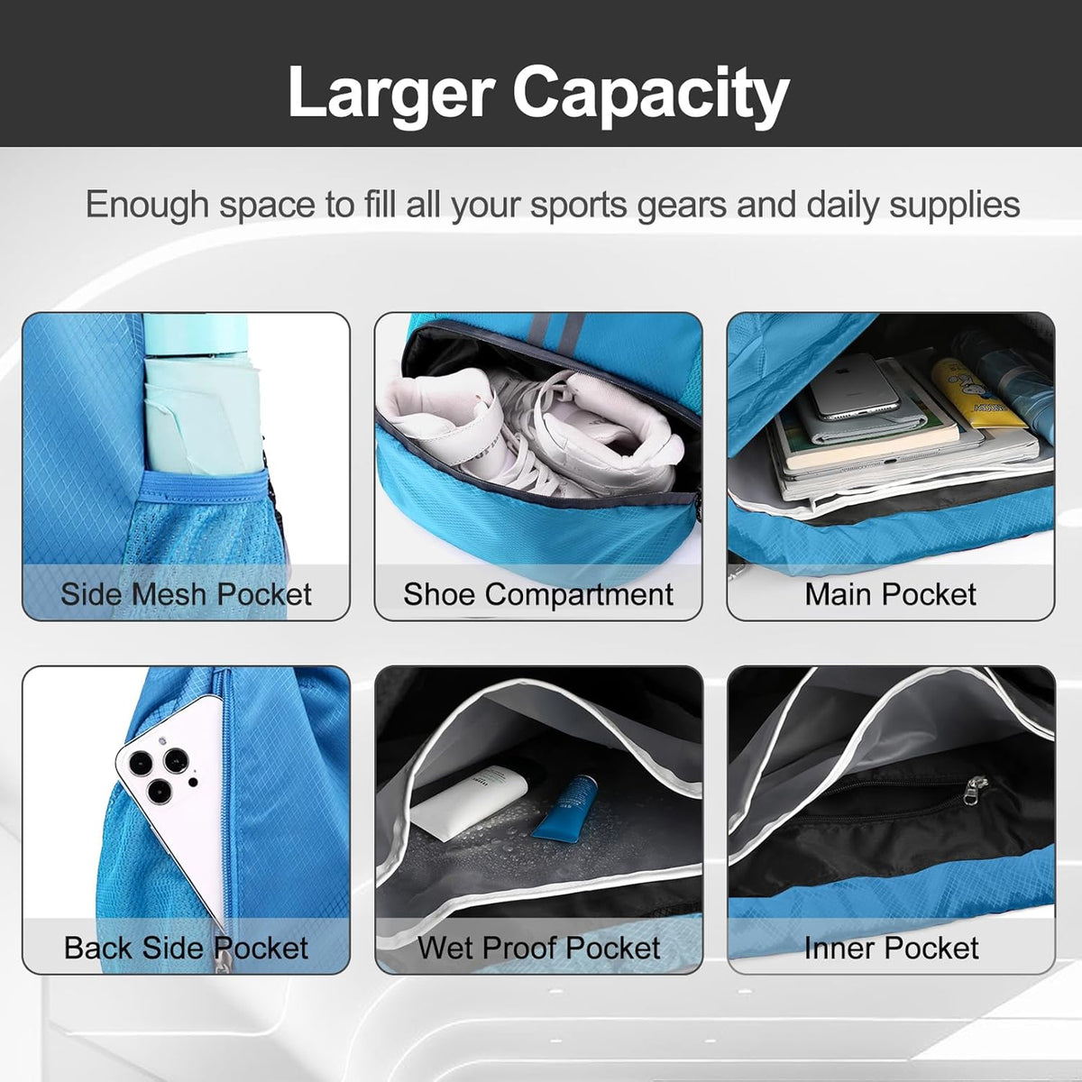 Sports Drawstring Backpack - String Swim Gym Bag with Shoes Compartment and Wet Proof Pocket for Women and Men