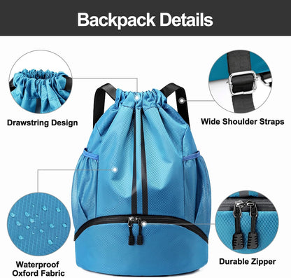 Sports Drawstring Backpack - String Swim Gym Bag with Shoes Compartment and Wet Proof Pocket for Women and Men