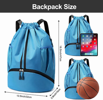 Sports Drawstring Backpack - String Swim Gym Bag with Shoes Compartment and Wet Proof Pocket for Women and Men