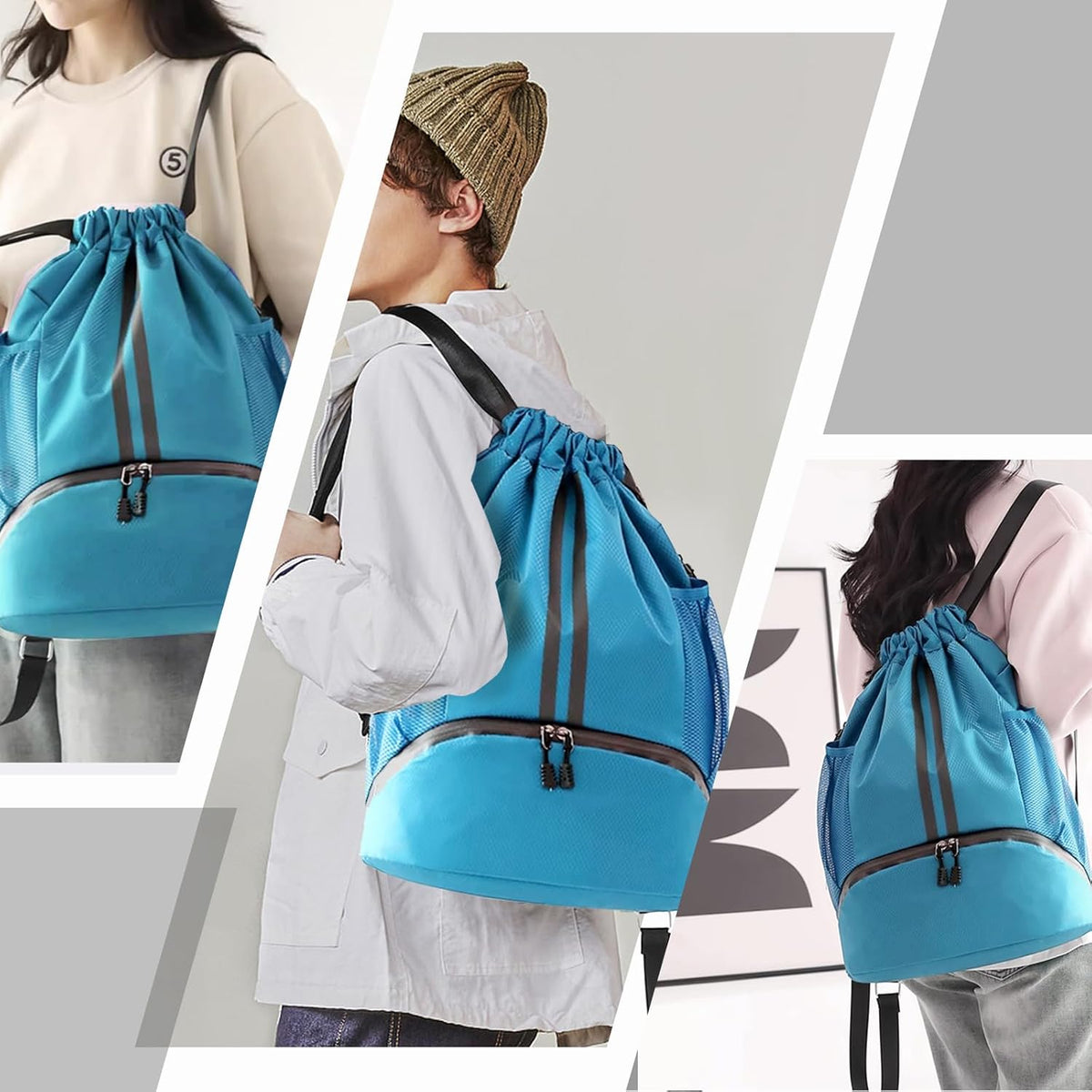 Sports Drawstring Backpack - String Swim Gym Bag with Shoes Compartment and Wet Proof Pocket for Women and Men
