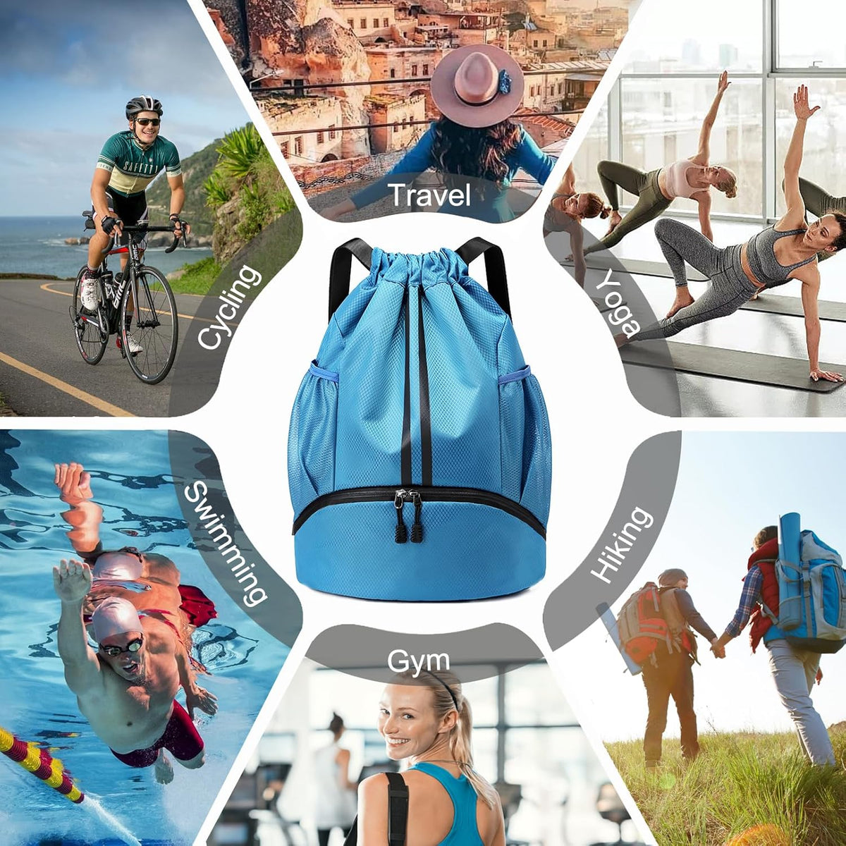 Sports Drawstring Backpack - String Swim Gym Bag with Shoes Compartment and Wet Proof Pocket for Women and Men