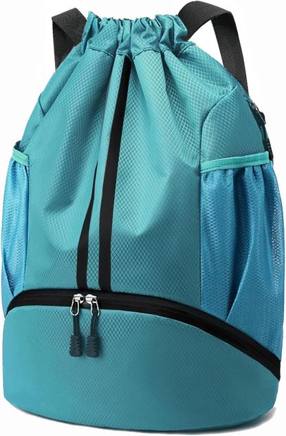 Sports Drawstring Backpack - String Swim Gym Bag with Shoes Compartment and Wet Proof Pocket for Women and Men