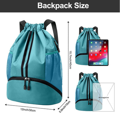Sports Drawstring Backpack - String Swim Gym Bag with Shoes Compartment and Wet Proof Pocket for Women and Men
