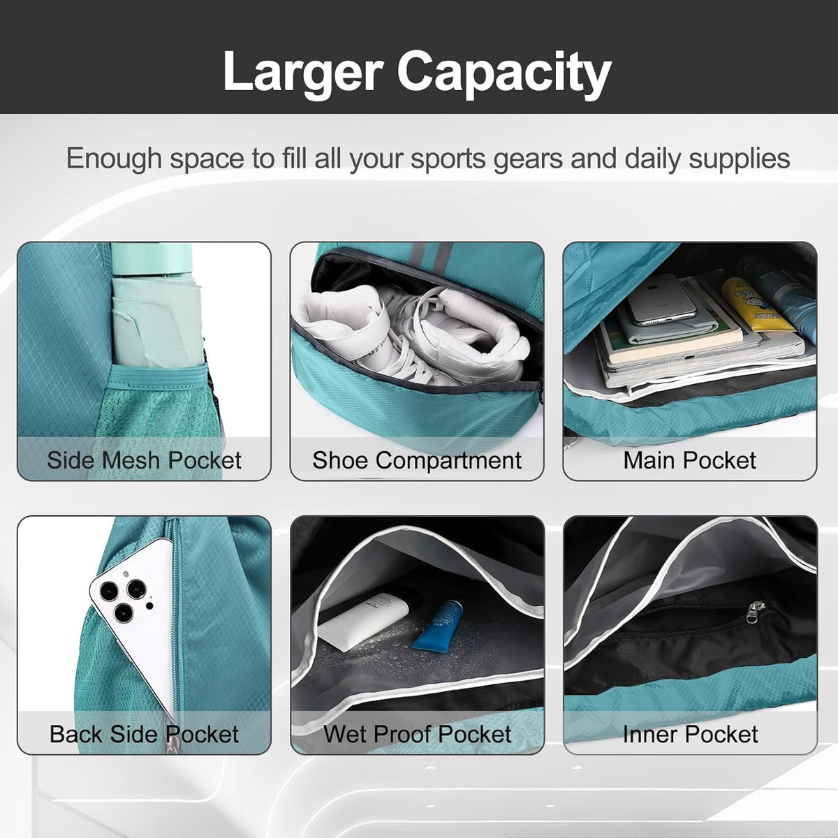 Sports Drawstring Backpack - String Swim Gym Bag with Shoes Compartment and Wet Proof Pocket for Women and Men