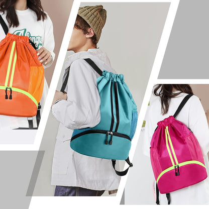 Sports Drawstring Backpack - String Swim Gym Bag with Shoes Compartment and Wet Proof Pocket for Women and Men