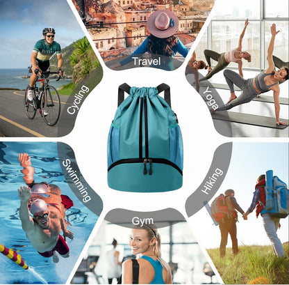 Sports Drawstring Backpack - String Swim Gym Bag with Shoes Compartment and Wet Proof Pocket for Women and Men