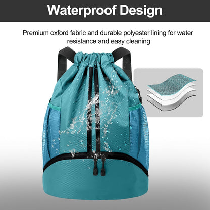 Sports Drawstring Backpack - String Swim Gym Bag with Shoes Compartment and Wet Proof Pocket for Women and Men