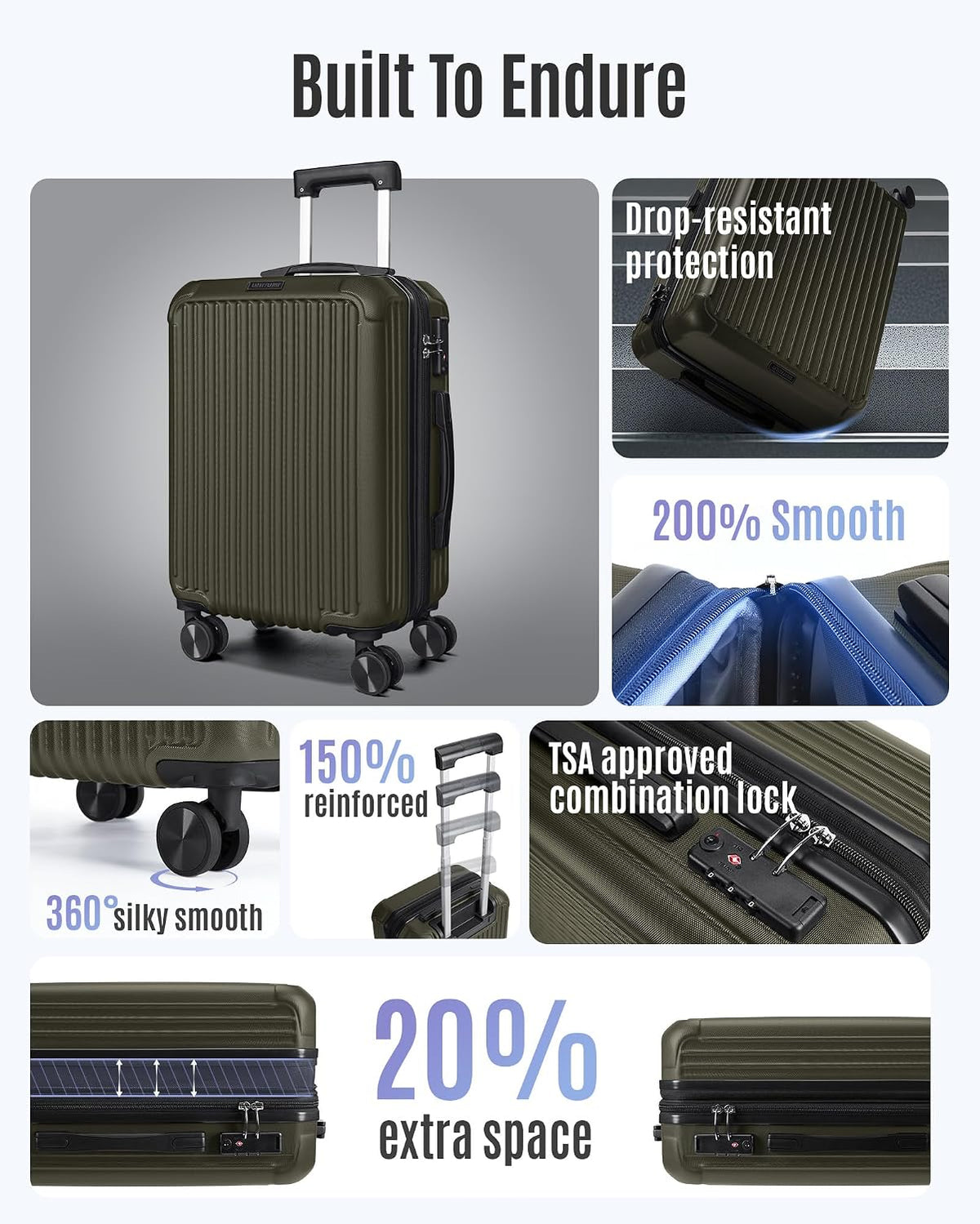 Carry On Luggage 22x14x9 Airline Approved, Dark Green | Airline Approved, Hard Shell with Wheels, Expandable Hardside, Lightweight, TSA Lock