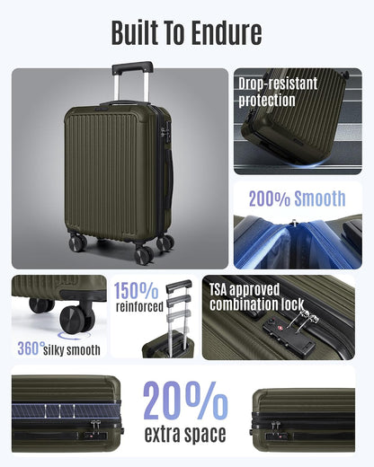 Carry On Luggage 22x14x9 Airline Approved, Dark Green | Airline Approved, Hard Shell with Wheels, Expandable Hardside, Lightweight, TSA Lock