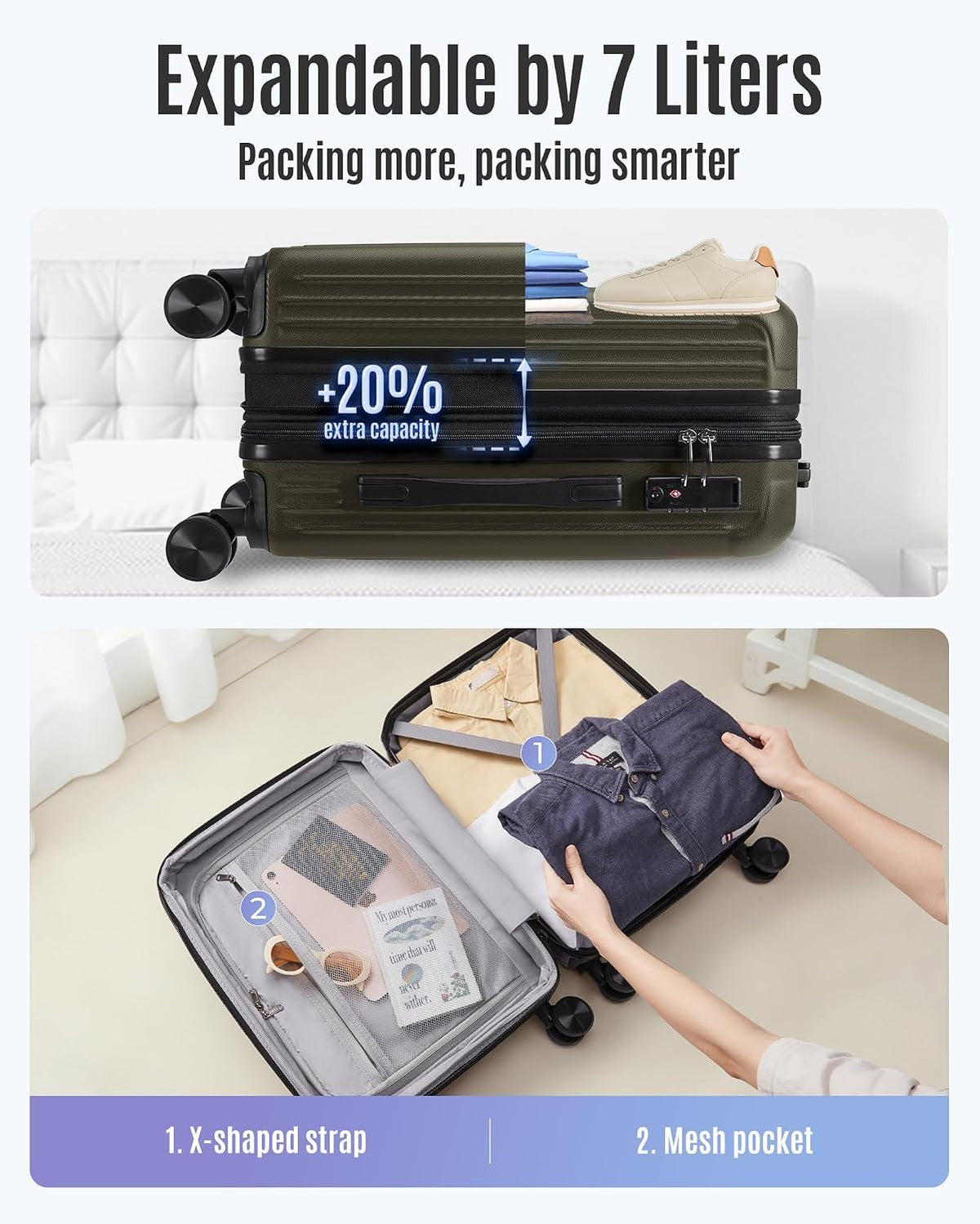Carry On Luggage 22x14x9 Airline Approved, Dark Green | Airline Approved, Hard Shell with Wheels, Expandable Hardside, Lightweight, TSA Lock