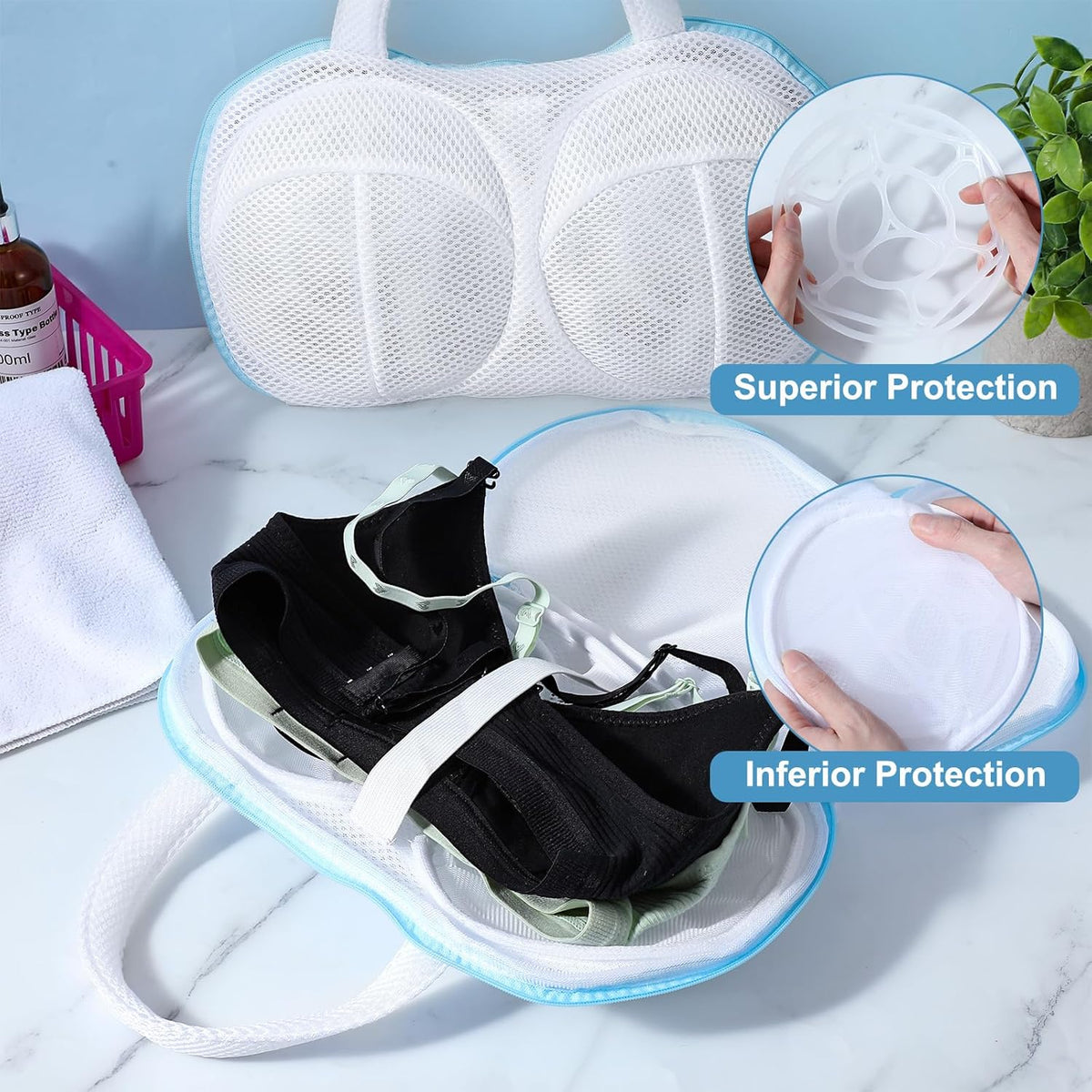 4pcs Bra Washing Bags for Laundry mesh laundry bags Bra Washer Protector Underwear Brassiere Bag Set for Washing Machine With Zipper bras laundrys bag Women Delicates Blue (A to C Cups)