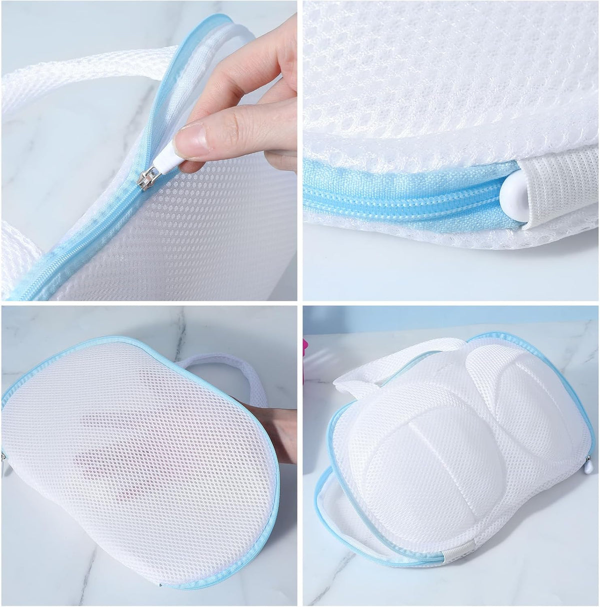 4pcs Bra Washing Bags for Laundry mesh laundry bags Bra Washer Protector Underwear Brassiere Bag Set for Washing Machine With Zipper bras laundrys bag Women Delicates Blue (A to C Cups)