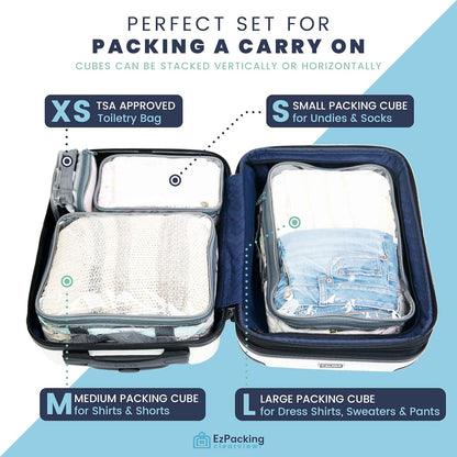 Clear Packing Cubes set of 4 / Packs 7-10 Days of Clothes/Premium PVC Plastic Storage Bags