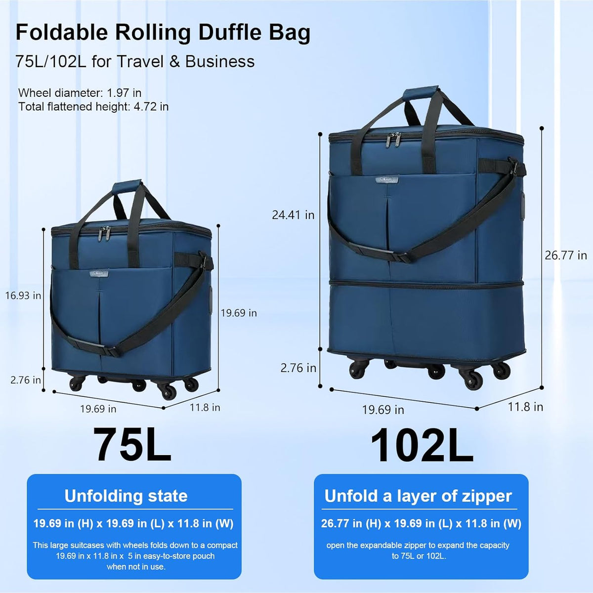 Large Capacity Rolling Duffle Bag,Expandable Foldable Suitcase for Travel,Collapsible Luggage Duffel Overnight Weekend Bags without Telescoping Handle