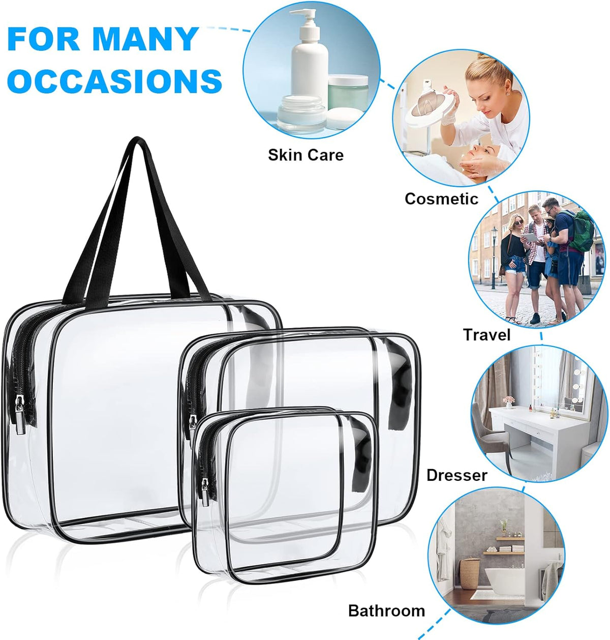 4-Pack Clear Wash & Makeup Bags TSA Approved Makeup Bags, PVC Waterproof Travel Wash Bags for Family, Men, Women (Large, Medium, Small, Minimum)