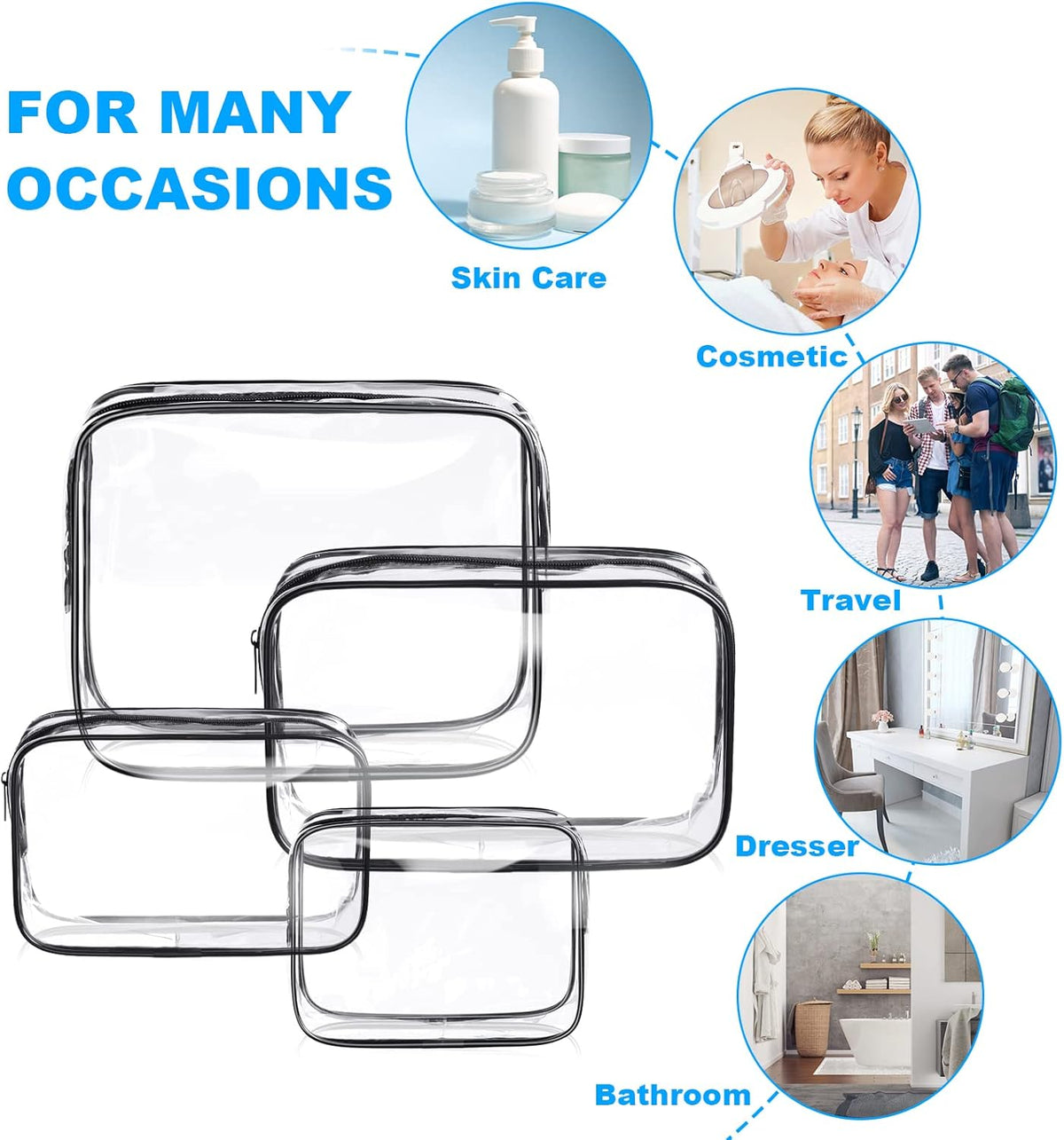 4-Pack Clear Wash & Makeup Bags TSA Approved Makeup Bags, PVC Waterproof Travel Wash Bags for Family, Men, Women (Large, Medium, Small, Minimum)
