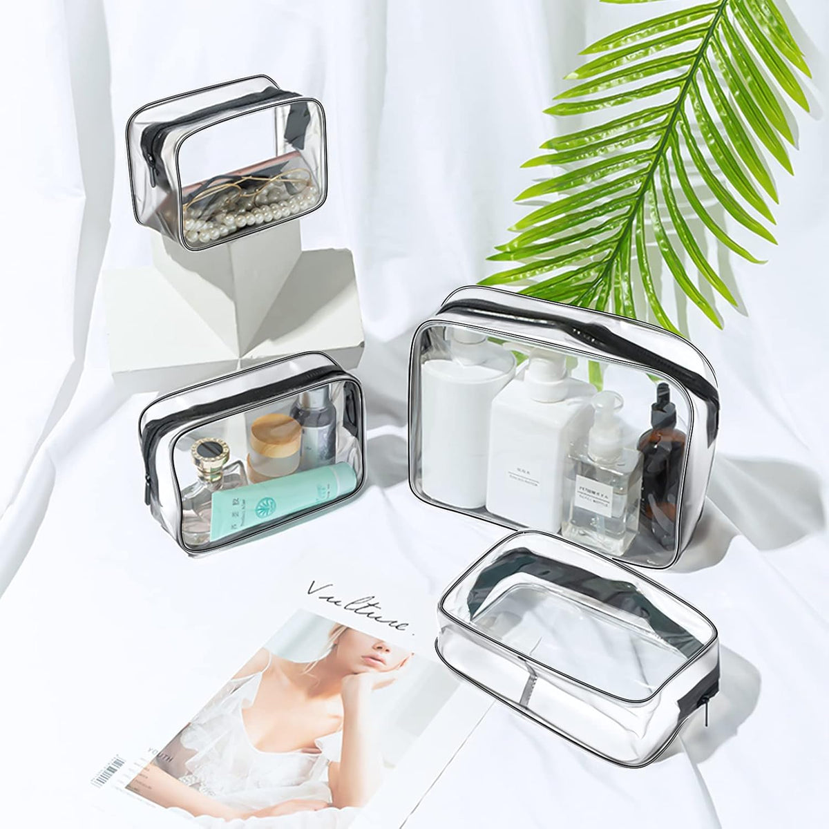 4-Pack Clear Wash & Makeup Bags TSA Approved Makeup Bags, PVC Waterproof Travel Wash Bags for Family, Men, Women (Large, Medium, Small, Minimum)