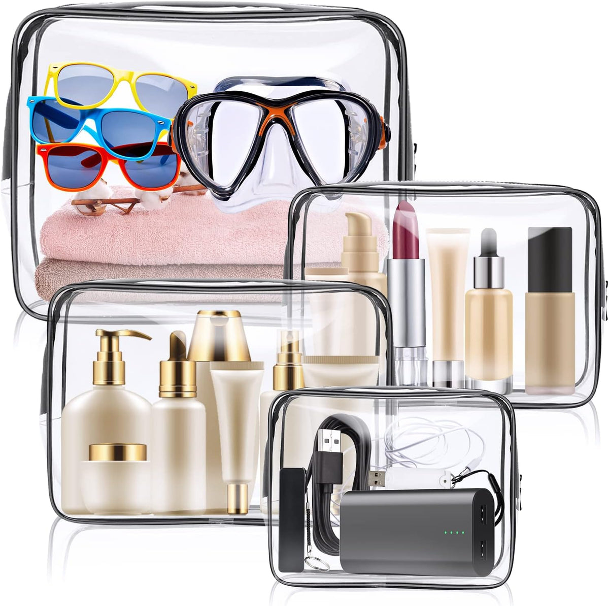 4-Pack Clear Wash & Makeup Bags TSA Approved Makeup Bags, PVC Waterproof Travel Wash Bags for Family, Men, Women (Large, Medium, Small, Minimum)