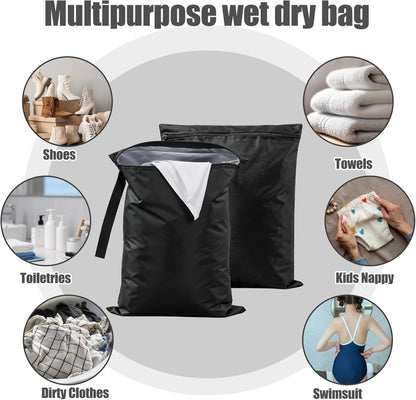 2 Pcs Black Swimsuit Wet Bag, Machine Washable Wet Dry Bags, Waterproof Bag for Dirty Clothes, Travel Laundry Bags for Gym Beach Pool Drying(16×20 Inch)