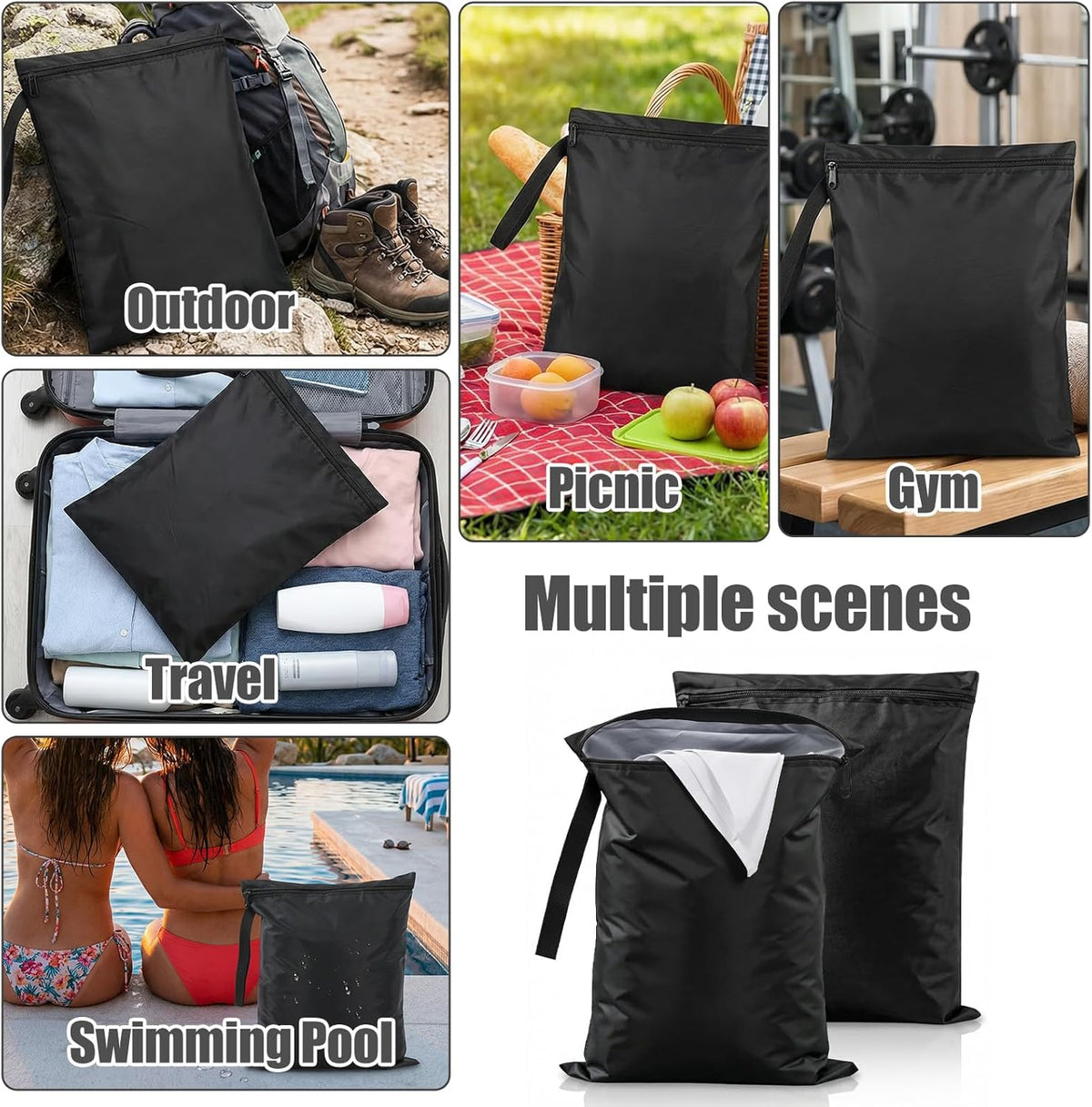 2 Pcs Black Swimsuit Wet Bag, Machine Washable Wet Dry Bags, Waterproof Bag for Dirty Clothes, Travel Laundry Bags for Gym Beach Pool Drying(16×20 Inch)