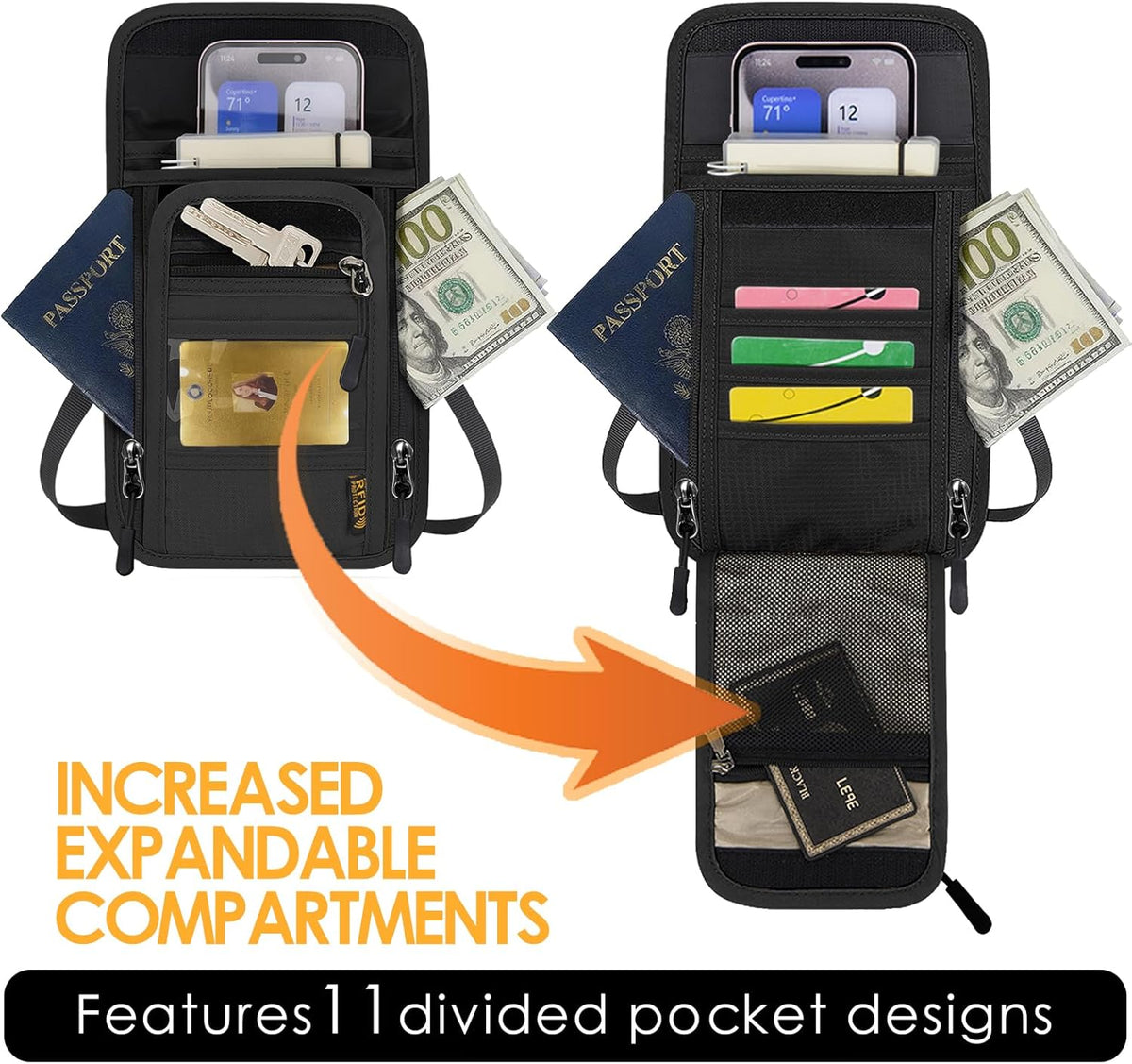 Travel Neck Wallet RFID Blocking – Hidden Passport Holder & Anti-Theft Money Pouch for Men & Women, Lightweight Concealed Undergarment Organizer with Adjustable Strap, Secure Document Holder