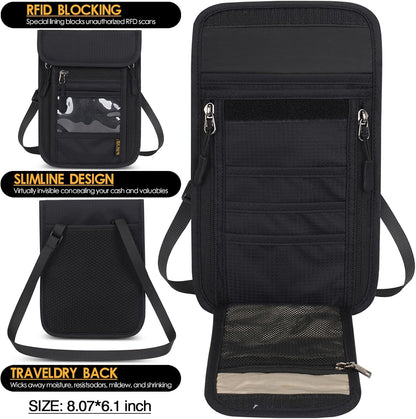 Travel Neck Wallet RFID Blocking – Hidden Passport Holder & Anti-Theft Money Pouch for Men & Women, Lightweight Concealed Undergarment Organizer with Adjustable Strap, Secure Document Holder